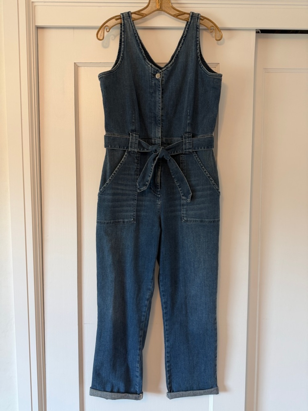 Reformation Dark Blue Denim Jumpsuit with Tie Belt